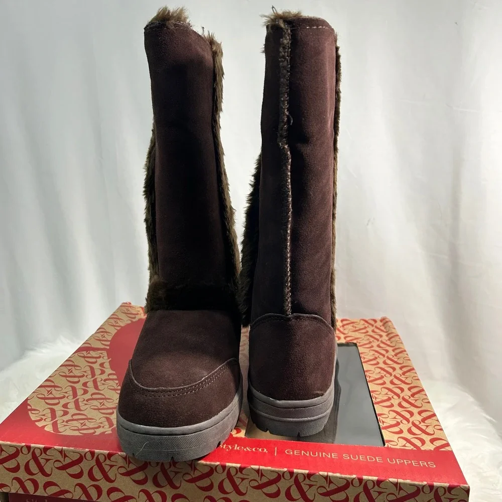 Style & Co Womens‎ Brown Suede Faux Fur Lined Tall Boots Size 8M